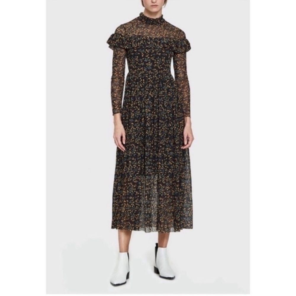 GANNI Tilden Ruffled Floral Print Mesh Maxi Dress
